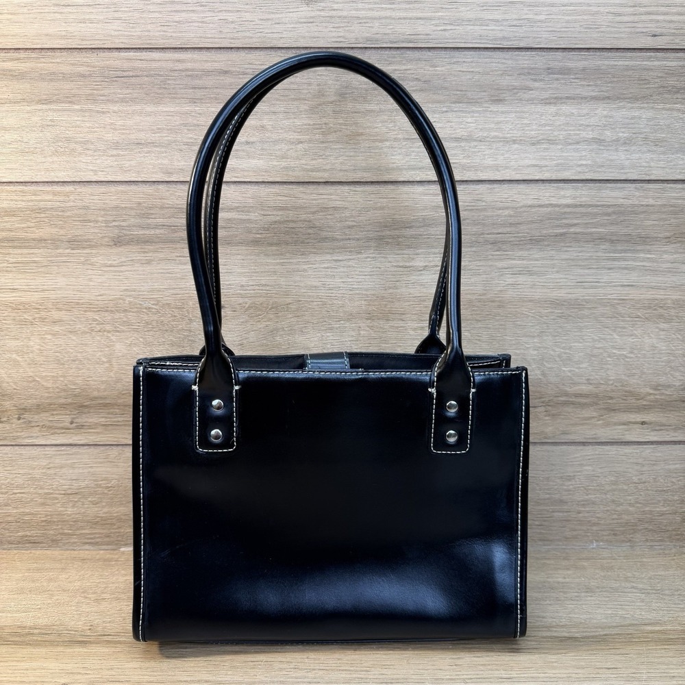 Vintage Wilsons Leather Shoulder Bag Tote Double Strap Y2K Black Smooth Silver